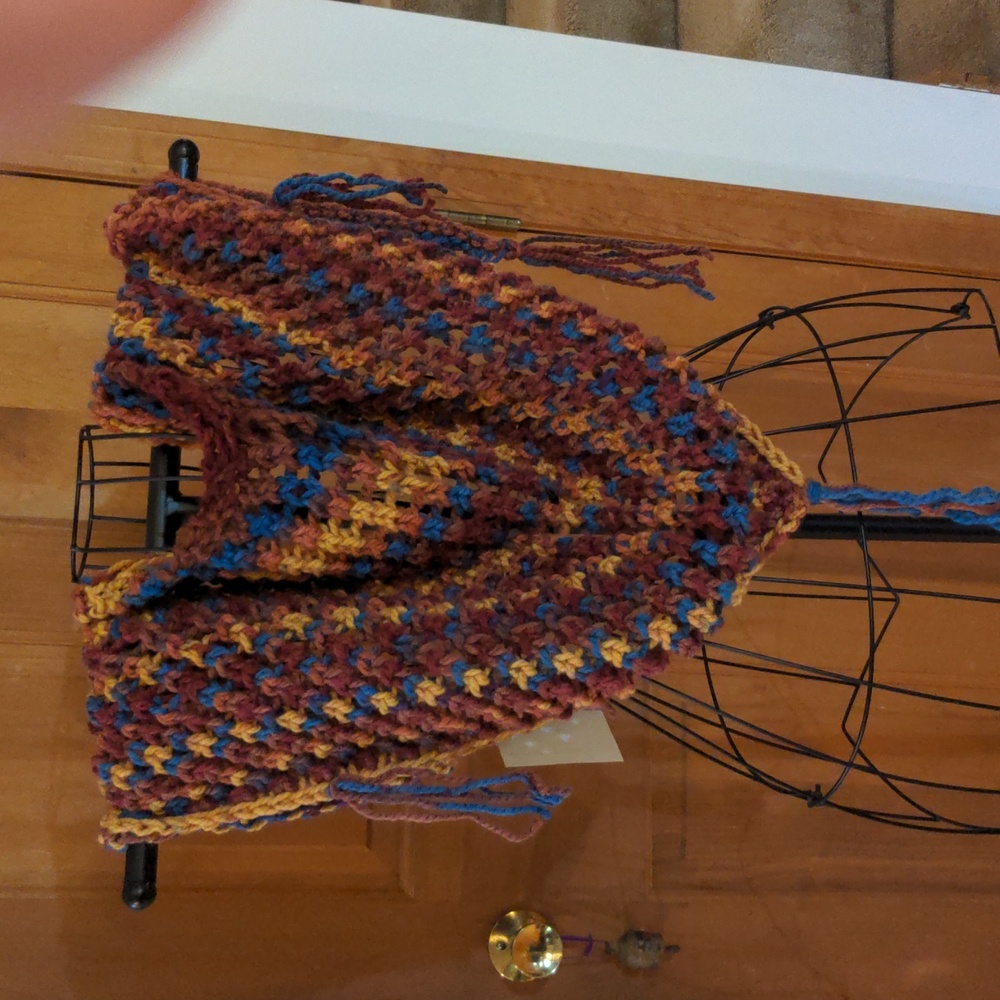 Handmade Knit Variegated Acrylic Multicolor Shawl Wrap Scarf Blue Rust - Picture 3 of 15